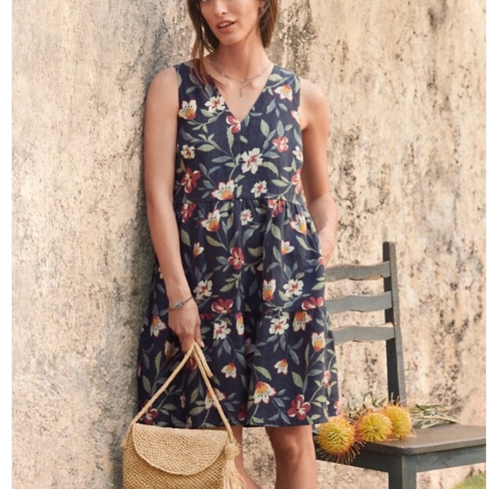 2026 Garnet Hill Navy Blue Floral European Flax Linen Tiered V-Neck Dress Sz 10